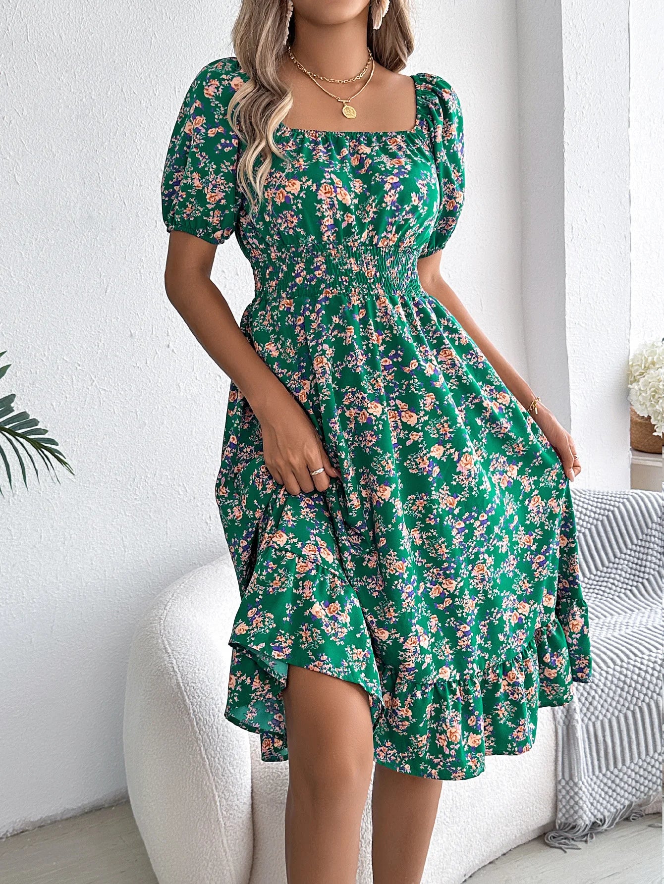 Women's Floral 3D Print Square Neck Dress